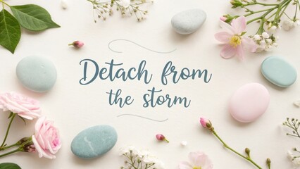 Minimalist flatlay arrangement with the quote Detach from the storm