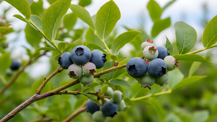 Blueberry Bush Branch with Developing Fruit blueberries