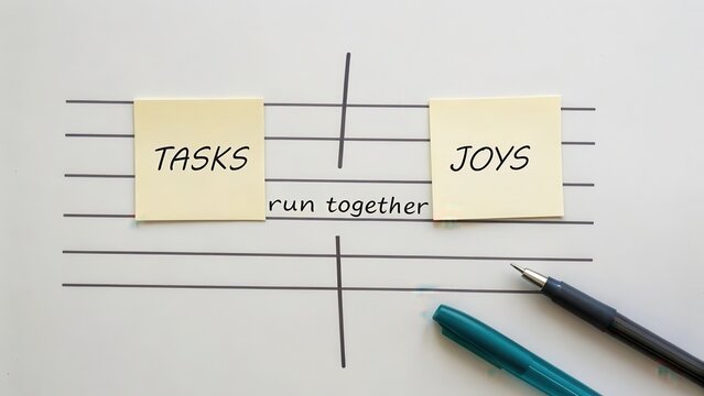 Minimalist desk scene showing tasks and joys running together