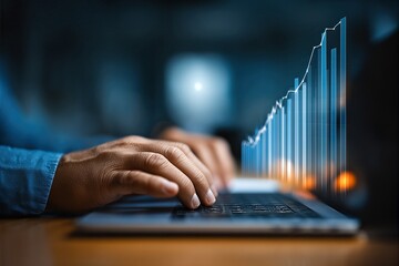 Hands Working on Laptop with Digital Graph Representing Growth in Business Analytics