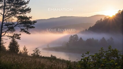 Misty sunrise over a scenic landscape with mountains and trees