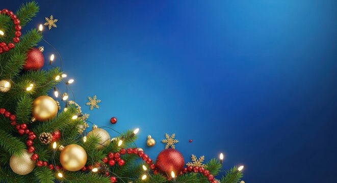 Christmas tree decorated with festive ornaments and lights on a blue background