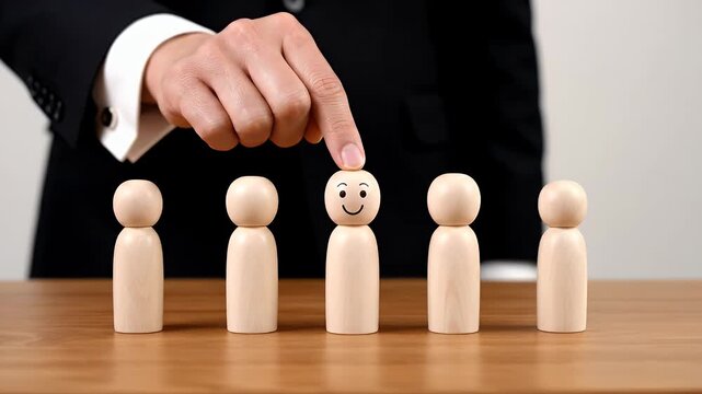 Hand Pointing at Smiling Wooden Figure Among Uniform Figures in Recruitment Concept on Wood Table Against White Background with Selective Focus
