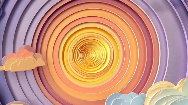Paper art scene evolves from colorful clouds to a bright sun, highlighting intricate layers and textures, creating a mesmerizing visual experience with a smooth zoom in