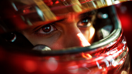 Formula 1 driver in a red suit and helmet in his car on the track	