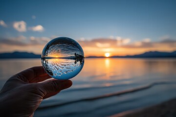 Lensball captures inverted sunset over serene water and distant mountains