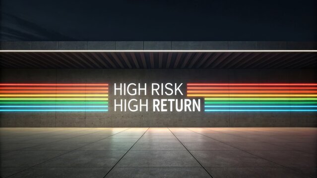 Neon sign displaying High Risk High Return on a dark wall