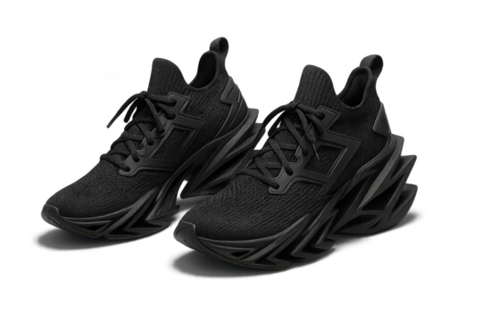 Pair of black athletic shoes isolated on transparent background, modern design