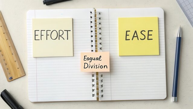 Notebook divided with effort and ease sections for planning tasks