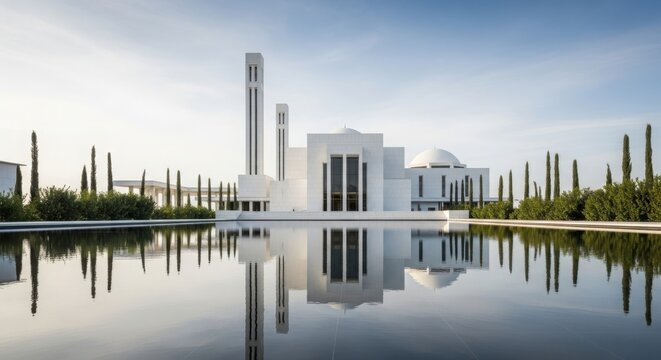Modern white mosque architecture reflecting in water a serene and minimalist architectural design perfect for travel and cultural exploration - Powered by Adobe