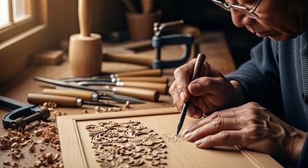 Artisan meticulously carving wood with precision and traditional tools.