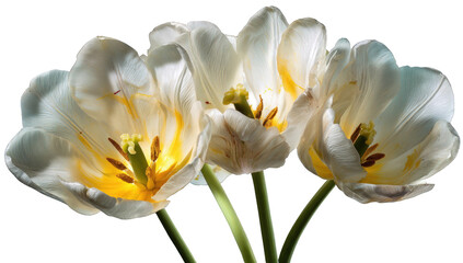Fototapeta premium Close-up of three white tulips with yellow centers