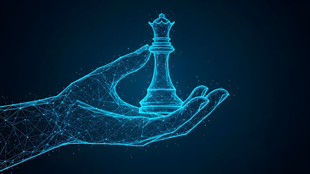 Digital abstract hand holding glowing blue chess queen piece representing strategy and intelligence