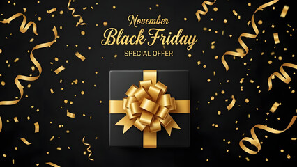 Elegant black friday sale with golden confetti and gift box offering special deals