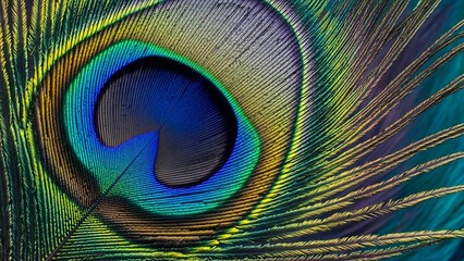 Obraz premium Close-up of a Vibrant Peacock Feather Displaying Intricate Details and Iridescent Colors.