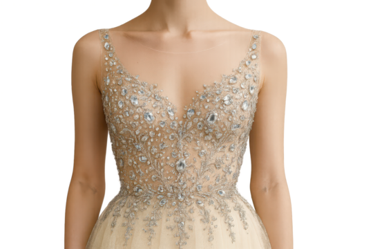 Elegant beaded gown on transparent background, isolated sleeveless dress