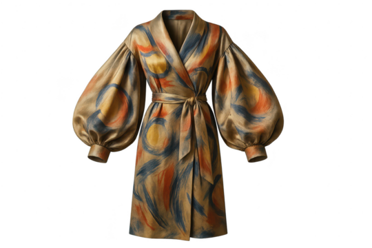 Elegant silk bathrobe with brushstroke pattern isolated on transparent backdrop