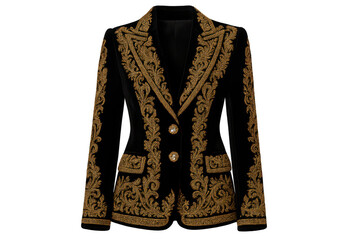 Elegant black velvet blazer with golden embroidery, isolated on transparent