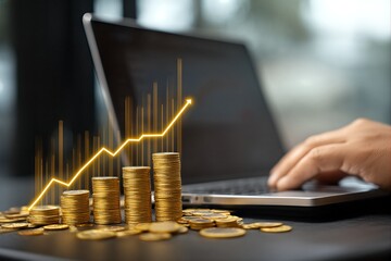 Golden Coins Stacked with an Ascending Graph on a Modern Laptop in a Professional Environment