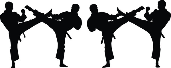 Silhouettes of martial artists performing high kicks in karate on white background Keywords: karate, martial arts, fighter, warrior, combat