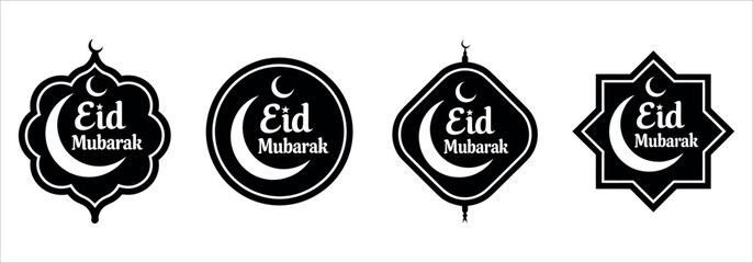Eid Mubarak greetings with crescent moon and star in elegant geometric shapes for festive decorations and celebratory designs, perfect for Ramadan!
