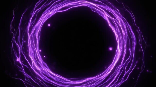 Abstract glowing neon purple electrical current forming a circular energy frame border template against a black background.