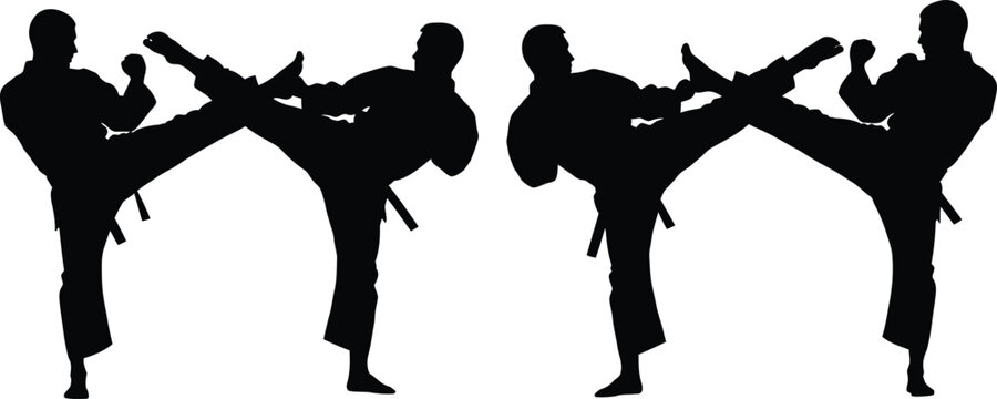 Silhouettes of martial artists performing high kicks in karate on white background Keywords: karate, martial arts, fighter, warrior, combat