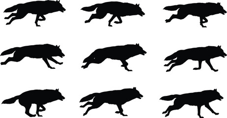 Illustration of a sequence of nine silhouette images showing a wolf running, each capturing a different phase of its stride