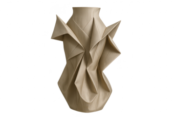 Elegant beige origami-inspired dress, isolated on transparent background studio shot.