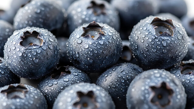 Detailed Macro View of Fresh Blueberries Covered in Water