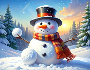 Cheerful snowman in a winter landscape holding a snowball, sunlit, with evergreen trees and a colorful striped scarf
