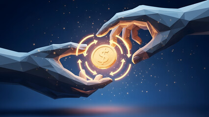 Two abstract geometric hands exchanging a glowing digital cryptocurrency coin with circuit board elements