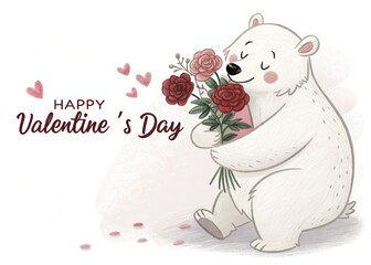Cute bear holding bouquet of roses for Valentine's Day celebration, love and friendship theme