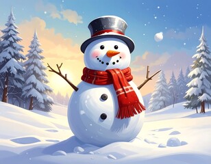 Cheerful snowman in winter landscape with a hat and scarf against a sunny, snowy backdrop