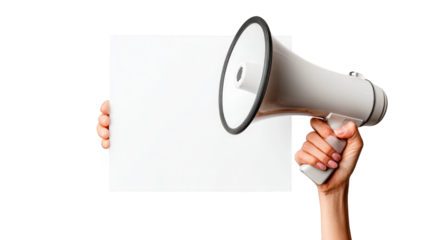 Hands holding a megaphone and blank sign