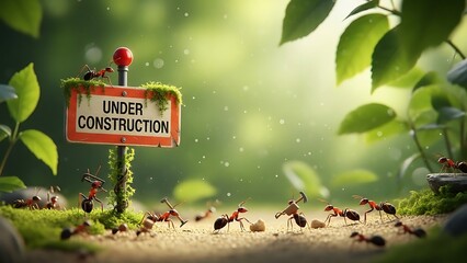 Ants working on under construction sign in nature insect insects