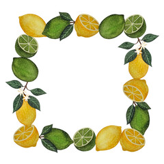 Vibrant watercolor square frame with yellow lemons, green limes, and slices on a crisp white background.