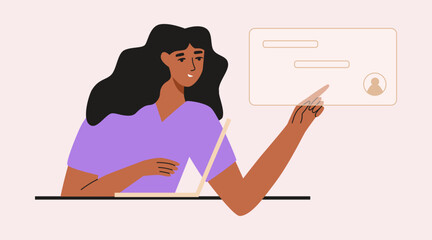 A woman chatting with a laptop. Illustration of a freelancer working remotely. Vector design for a website, magazine, or report.