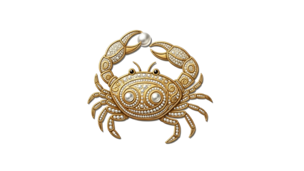 Ornate gold crab with pearl, jewel details, and intricate carvings, on black backdrop
