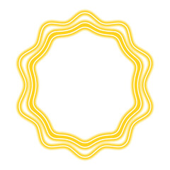 A decorative, abstract, yellow, wavy, starburst-shaped frame with a white outline and empty center, isolated on a white background.