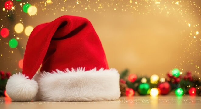 Classic red santa hat with sparkling holiday decorations and bokeh