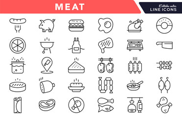 Meat linear icon set. Chicken, beef, pork, fish, shrimp, steak, octopus, barbecue, farm, dish, seafood, food, BBQ, fast food, culinary, cooking icons vector illustration.