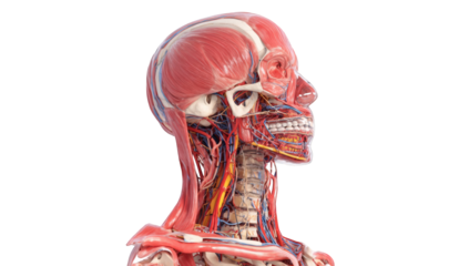 Anatomical illustration of head and neck.  Detailed view of muscles, blood vessels, and bone structure