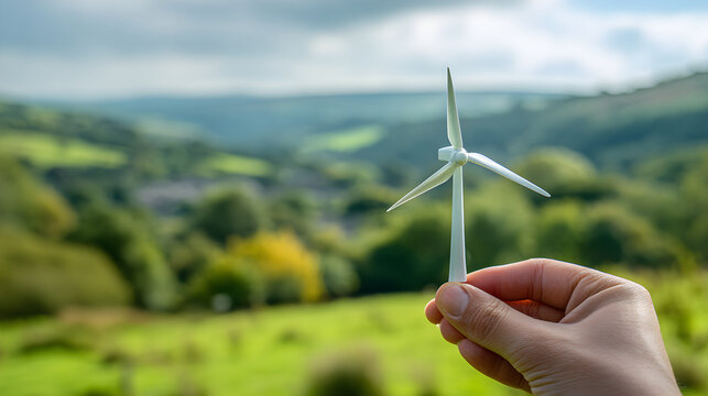 Hand holding miniature wind turbine representing green energy