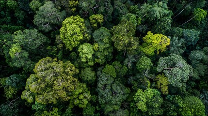 Naklejka premium Aerial view of a dense, lush green forest canopy with varied tree shapes and textures, showcasing natures vibrant ecosystem