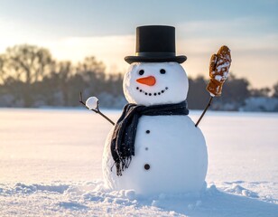 Cheerful snowman stands in a snowy field at sunset, adorned with a hat, scarf, and mitten