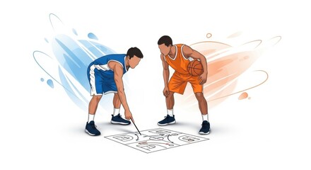 Young Male Basketball Players Drawing Strategy on Court During Practice