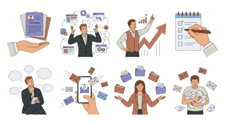 Business process management depicted through stylized illustrations on a transparent backdrop