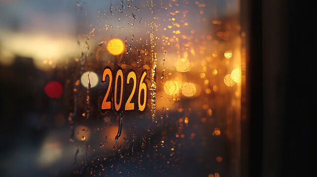 Looking forward to 2026 with rain-streaked window and city lights glowing