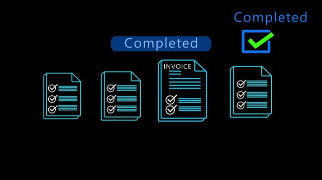 Digital invoice management and electronic document automation for business finance with online payment technology, checklist, completed status, and modern office process management